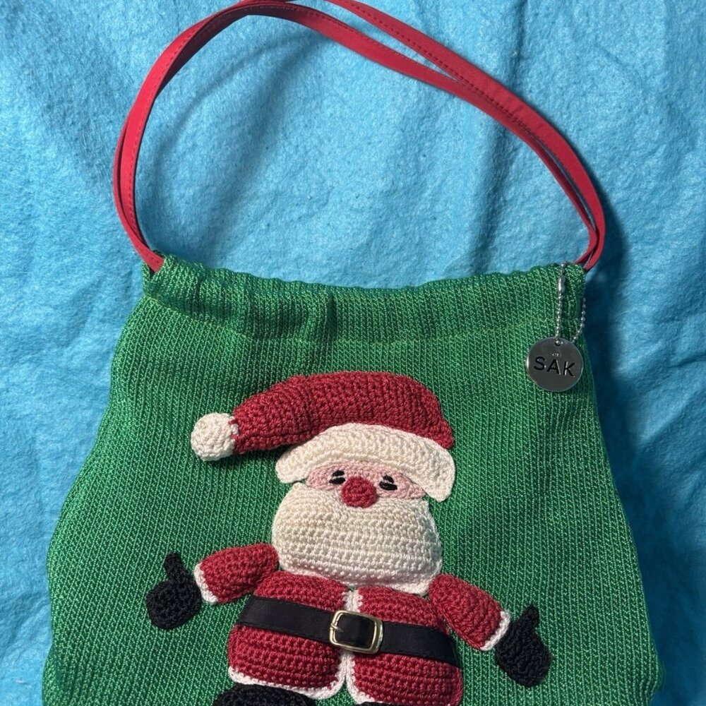 The Sak Santa Claus Crochet Shoulder Bag Green Knit Tote Purse Bag Satin Handle